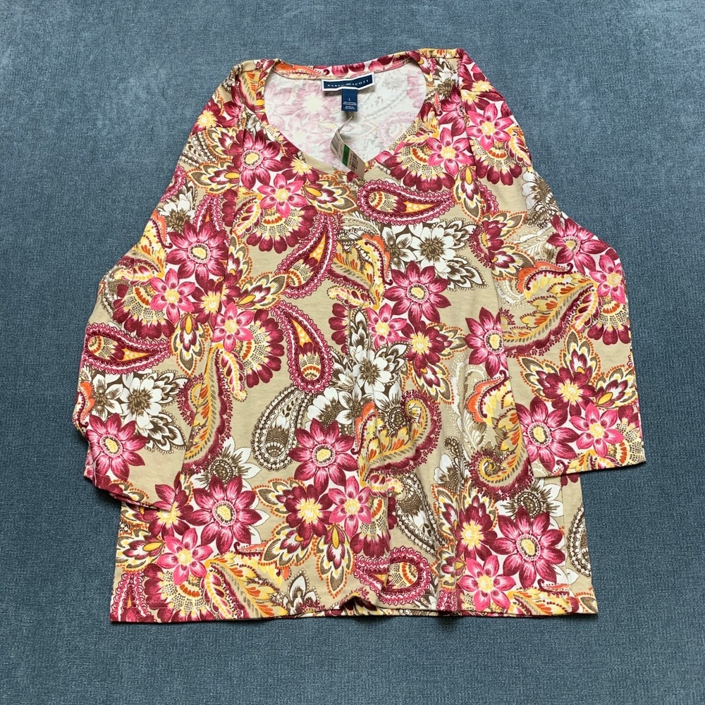 Karen Scott Blouse Top Womens Large Multicolor Paisley Print Cotton V Neck